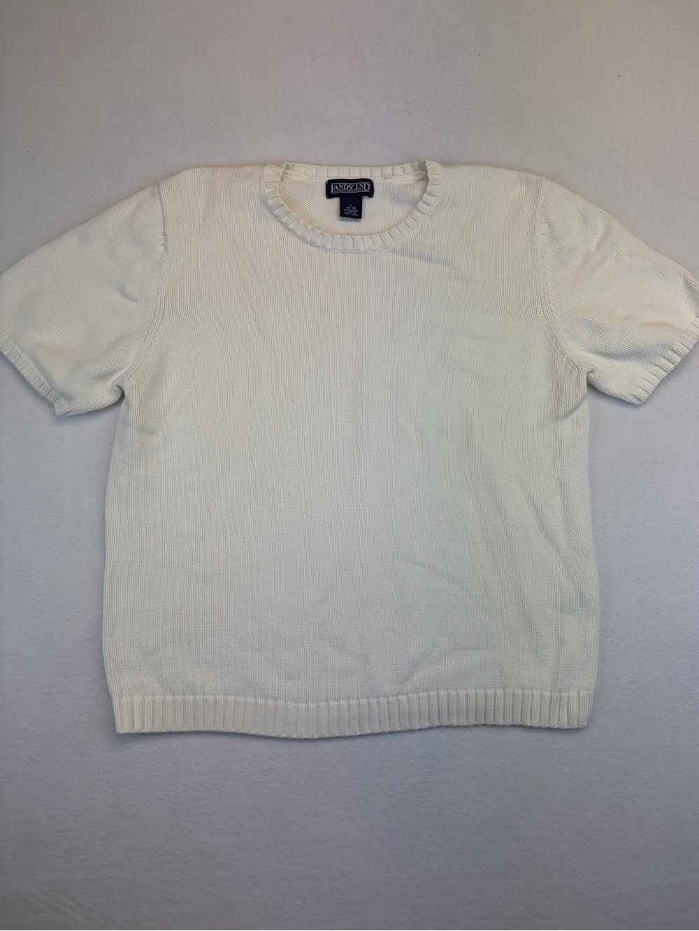 Women's Lands' End Cotton Short Sleeve Crew Neck Sweater White XL Vintage